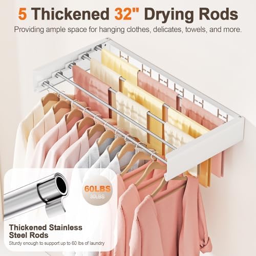 Wall Mounted Clothes Drying Rack Folding Indoor, Foldable Laundry Drying Rack Collapsible,Invisible, Space Saving, Retractable Towel Drying Rack, with Wall Template(5 Drying Rods, White 32") - Image 4