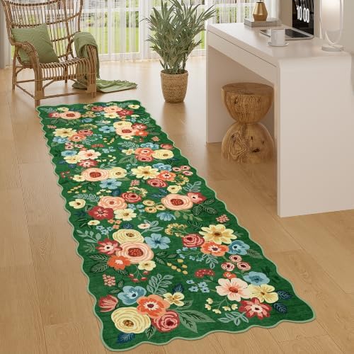 DUKINO 2x6 Runner Rug, Floral Washable Rug for Kitchen Non Slip Dark Green by DUKINO