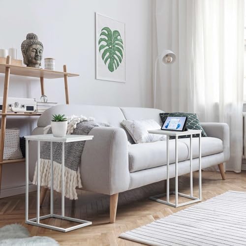 Possile C Shaped End Table Set of 2 for Sofa and Bed, Slide Under Couch Tables, Side Table With Faux Marble Top, Small Under Table Tray for Living Room, Bedroom, White - Image 2
