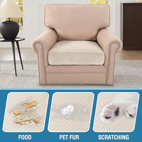 H.VERSAILTEX Velvet Stretch Couch Cushion Cover Plush Cushion Slipcover for Chair Cushion Furniture Protector Seat Cushion Sofa Cover (1 Piece Armchair Cushion Covers, Ivory Striped) - Image 3