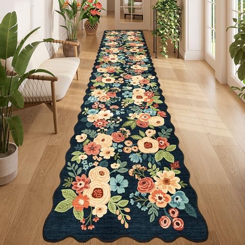 DUKINO 2.6x12 Washable Runner Rug, Floral Non Slip Kitchen Rug, Navy Blue by DUKINO
