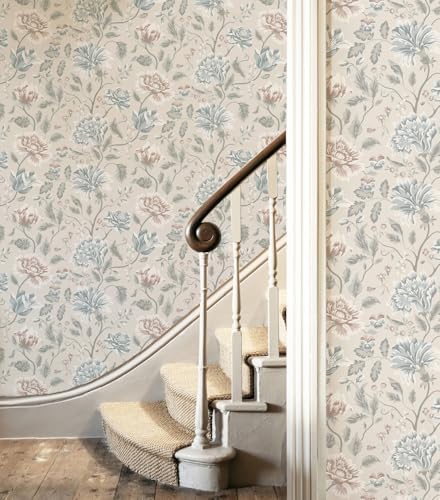 Vintage Floral Peel and Stick Wallpaper, Blue Taupe Neutral Botanical Wall Mural, Removable Self Adhesive Wall Paper for Bedroom Accent Wall, Living Room, Bathroom, Farmhouse Home Decor 17.3"x236.22" - Image 5