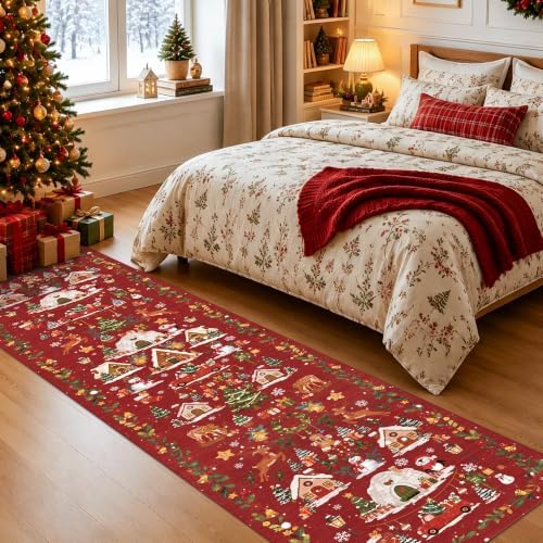 Christmas 2x8 Hallways Runner Rug - Red Santa Claus Kitchen Rugs Non-Slip Washable Entryway Bathroom Rugs Winter Soft Low Pile Floor Carpet for Hallway Bedroom for （2x8，Red） - Image 4