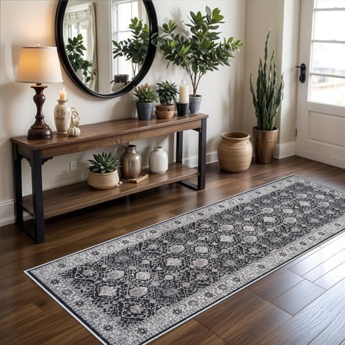 Hallway Washable Runner Rug - 2x6 Kitchen Rugs Entryway Rug Runner Vintage Soft Floor Mat Non Slip Indoor Farmhouse Carpet for Bathroom Living Room Bedroom (2 X 6, Black) by HYHAOYUNLAI