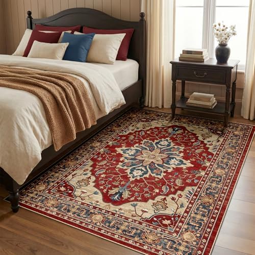RELEANY Washable Area Rug, 4'x5', Red/Blue by RELEANY