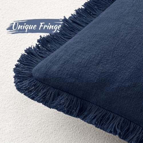 MIULEE Linen Fringe Decorative Lumbar Throw Pillow Covers Dark Navy 12x20 - Image 3