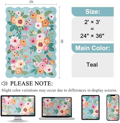 DUKINO 2x3 Rugs for Entryway, Floral Door Mat Washable Kitchen Rugs, Teal - Image 2