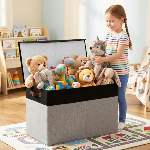 Bagnizer Large Toy Storage Box with Lids, Collapsible Sturdy Baby Storage Organizer Chest Bin Basket for Kids, Boys, Girls, Playroom, Nursery, Bedroom, Closet 25"x13"x16" (Gray and Black) - Image 2