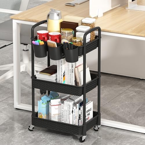 MOYIPIN 3-Tier Plastic Rolling Utility Cart with Handle,Utility Storage Cart for Office, Living Room, Kitchen,Movable Storage Organizer Shelves,Black with 3 Hanging Cups - Image 4