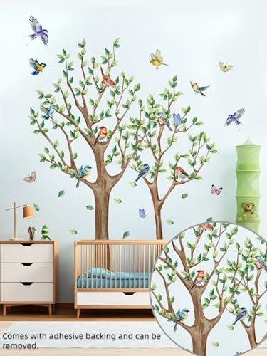 Tree Bird Wall Stickers - Green Flying Leaf Butterfly Vinyl Peel & Stick Removable Wall Art Decals Decorative for Living Room Kid Bedroom,83.54 cm x 78.79 cm - Image 2