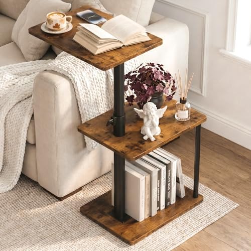 Faesun 360° Swivel Side Table for Height Adjustable, C Shaped End Table for Couch with Storage, 3-Tier Night Stand with Open Shelf, Tv Tray for Small Spaces, Living Room, Bedroom, Rustic Brown by Faesun