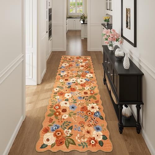 DUKINO 2.6x8 Runner Rug, Floral Washable Kitchen Rugs Non Slip, Orange - Image 5