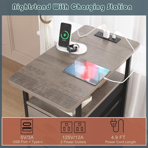 sthmec End Table with Charging Station,LED Side Tables with USB Ports and Outlets,Narrow Nightstands Bedside Tables with 3 Drawers for Small Space,Slim Sofa Table for Livingroom,Grey - Image 4