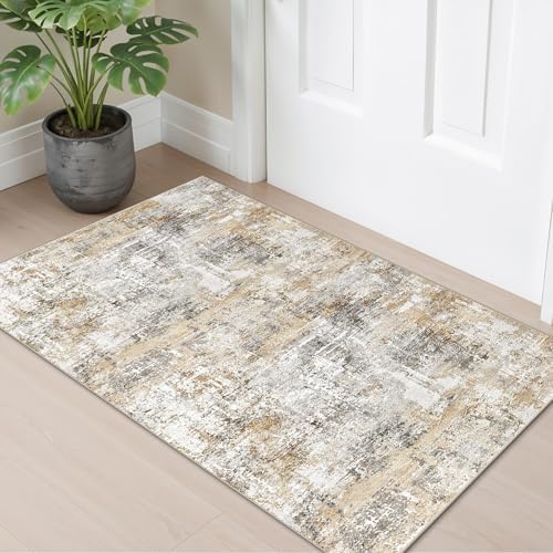 2x4 Modern Entryway Area Rug - Machine Washable Non-Skid Low Pile Indoor Mat for Bathroom,Living Room, Bedroom - Abstract Neutral Small Throw Soft Carpet with Rubber Backing (Gold Grey) - Image 4