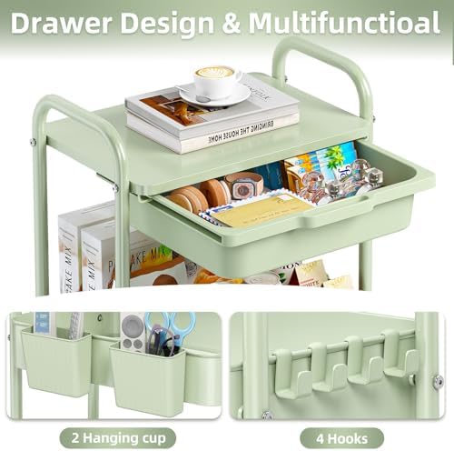 KINGRACK 3 Tier Metal Rolling Cart with Drawer, Green Utility Storage Cart | 2 Cups & 4 Hooks, Lockable Wheels, Trolley Organizer for Bathroom, Kitchen, Office, Nursery, Dorm, Laundry, Craft Room - Image 3