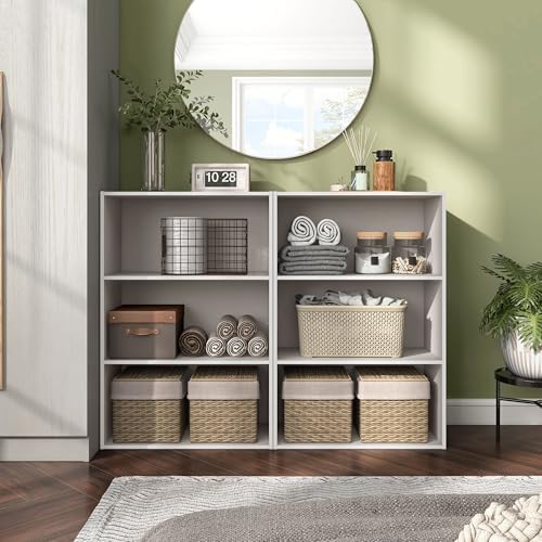 Homes: Inside + Out Apexa 3-Tier Cube Storage Organizer Shelves, Stackable Wood Bookcase Fits Cubby Bins for Organization, Dorm Teen Room Decor & Home Office, Taupe Grey - Image 2