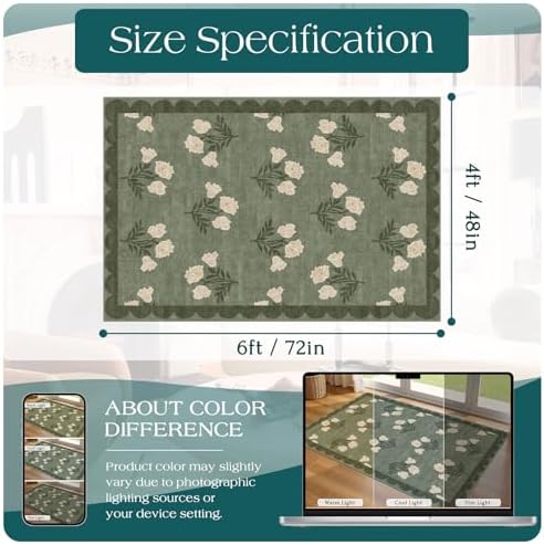 4x6 Covered Outdoor Patio Rug - Green Washable Front Porch Entry Rug Non-Slip Door Mat Indoor Outside Entrance Vintage Floral Scalloped Area Rug for Living Room Entryway Backyard Porch Decor - Image 2
