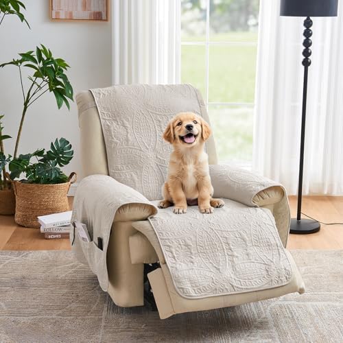 Beige Recliner Chair Covers, Quilted Décor Water-Repellent Medium Lazy Boy Chair Covers, Pet Friendly Recliner Cover for Dogs Cats, Washable Couch Cover (Recliner 26", Beige Cream) by Pamhaven