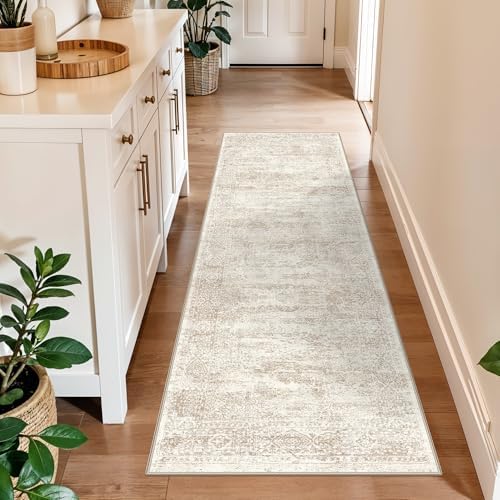 2x6 Runner Rug Hallway Washable, Non Slip with Rubber Backing Carpet for Kitchen Bathroom Neutral Moroccan Vintage Oriental Distressed Area Rugs for Bedroom Laundry Room Entry Entryway, Cream/Beige by BYYVOORugsforYourHome
