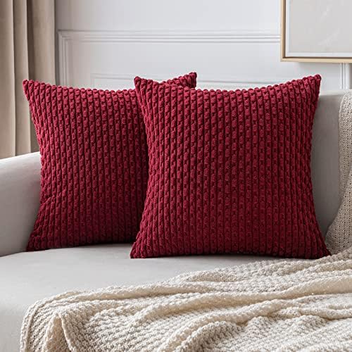 MIULEE Decorative Throw Pillow Covers 18x18 Burgundy Textured Corduroy by MIULEE