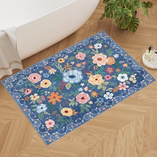DUKINO 2x3 Entryway Rug, Floral Door Mat Soft Washable Rug Non Slip, Blue - Image 3