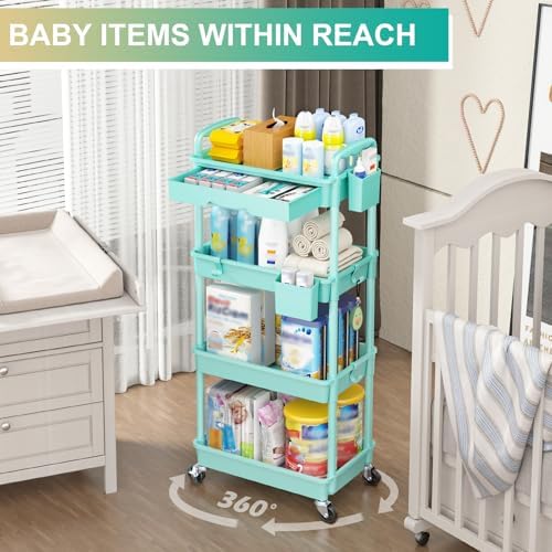 Goovilla 4 Tier Rolling Utility Cart Organizer with Removable Drawer, Blue - Image 6