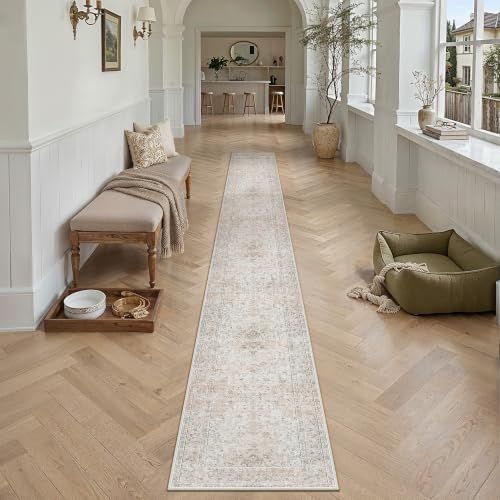 2x10 Washable Runner Rug Beige Grey Non Slip Vintage Carpet by WondRg