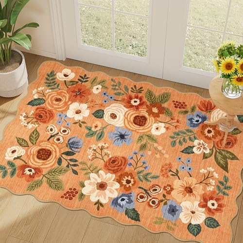 DUKINO 2x3 Rugs for Entryway, Floral Door Mat Washable Kitchen Rugs, Orange by DUKINO