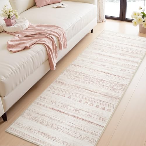 2x6 Pink Runner Rug Machine Washable Non Slip Area Rug Distressed Neutral Moroccan Boho Rug Ultra Soft Floor Runners for Hallways for Entryway Laundry Room Kitchen - Image 3