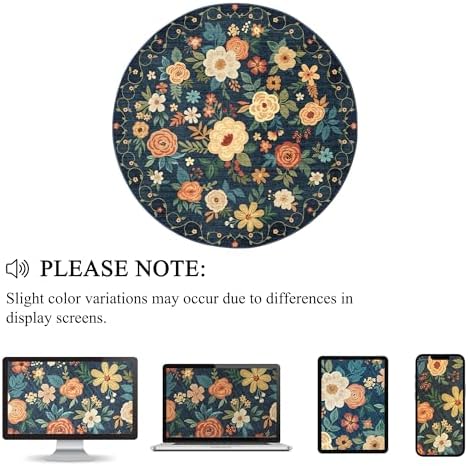 DUKINO 4ft Round Rug, Floral Washable Small Round Area Rug, Navy Blue - Image 3