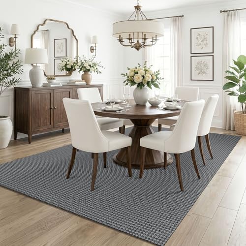 KOZYFLY Washable 5x7 Living Room Rug, Non Slip Woven Area Rugs, Braided Floor Carpet for Entryway, Kitchen, Bedroom, Dining Room, Office, Cotton Rug Indoor Decor, Grey/Dark Grey - Image 2