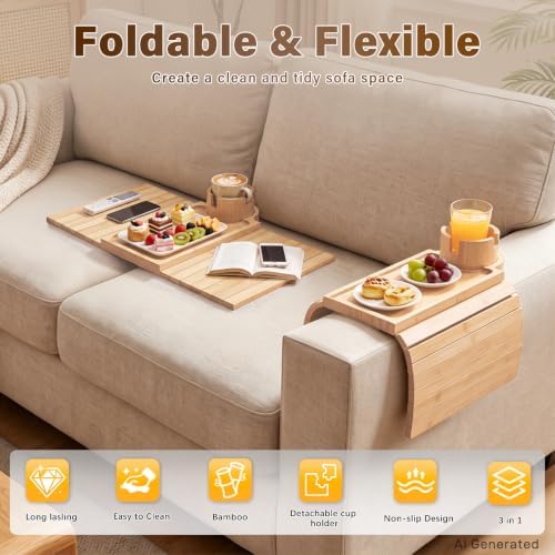 Bamboo Couch Arm Tray, 3 in1 Couch Armrest Table, Armrest Tray, Natural - Image 4