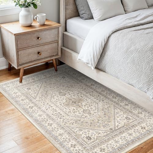 2x4 Washable Entryway Area Rug - Non-Slip Boho Throw Rugs Beige Gray - Image 4