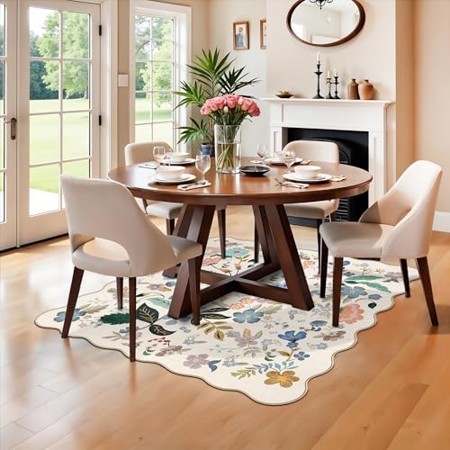 Washable 4x4 Square Area Rug: Floral Scalloped Soft Rugs for Living Room Bedroom Non Slip Bathroom Nursery Floor Mat Water Resistant Low Pile Carpet for Kitchen Entryway (4x4,Cream) - Image 4