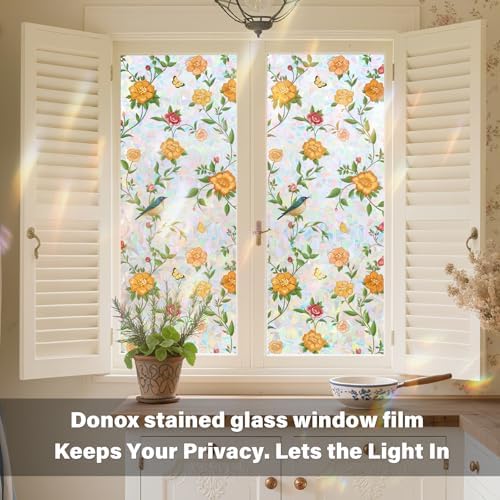 Donox Stained Glass Window Film, Floral Pattern Rainbow Light Decorative Cling, UV Block Privacy Film, Static Cling Removable No Glue for Living Room Home Office, 17.5 x 157.4 Inches - Image 4