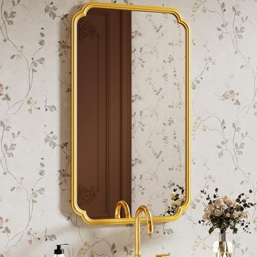 Ferytange 26"x40" Rustproof Bathroom Mirror Gold, Round Corner Metal Frame Wall Mirror, Horizontal/Vertical Hanging Over Sink, Bedroom Bathroom Decor by FerytangeHome