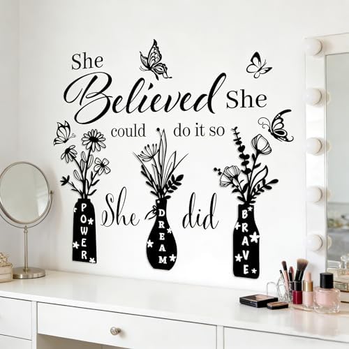 Inspirational Wall Stickers for Women - She Believed She Could Motivational Quote Decal with 3 Floral Vases & Butterflies, Removable Vinyl Decor for Bedroom, Home Office Decor by Datesno