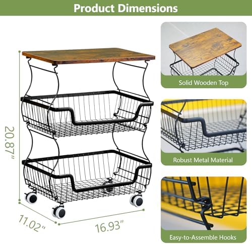 Kitchen Storage Cart on Wheels, 3 Tier Rolling Stackable Pantry Floor Organizer, Kitchen Fruit Basket Stand for Home Removable Metal Vegetable Rack Wire Snack Cart - Image 2