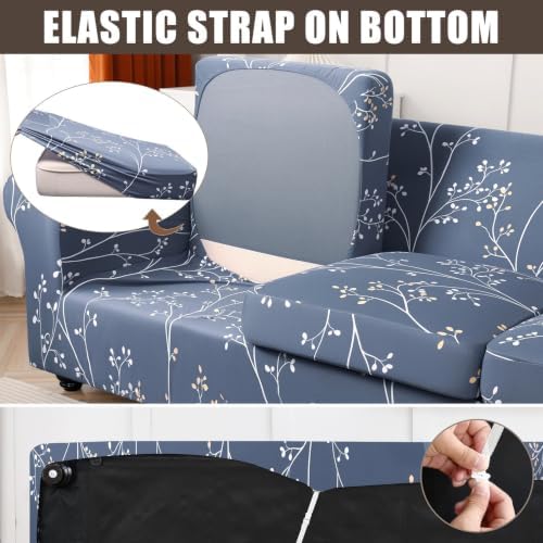 SearchI Stretch Sofa Cover Printed Couch Cover, Floral Pattern 3 Pieces Loveseat Slipcover with 2 Separate Cushion Cover, Washable Furniture Protector for Living Room(Loveseat, Gray Blue) - Image 5