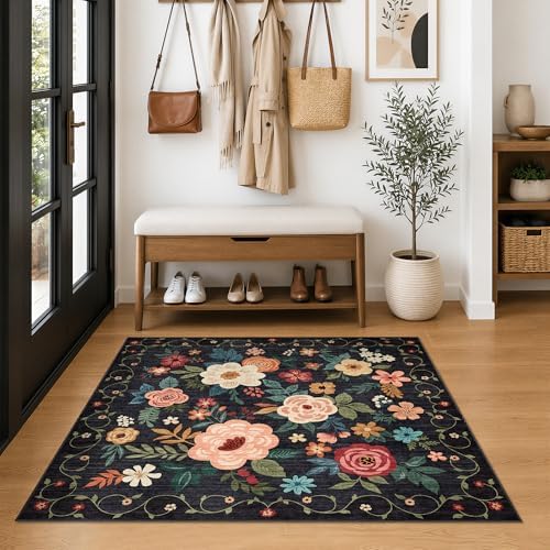 DUKINO 4x4 Square Area Rug, Soft Floral Washable Rug for Entryway, Black - Image 3