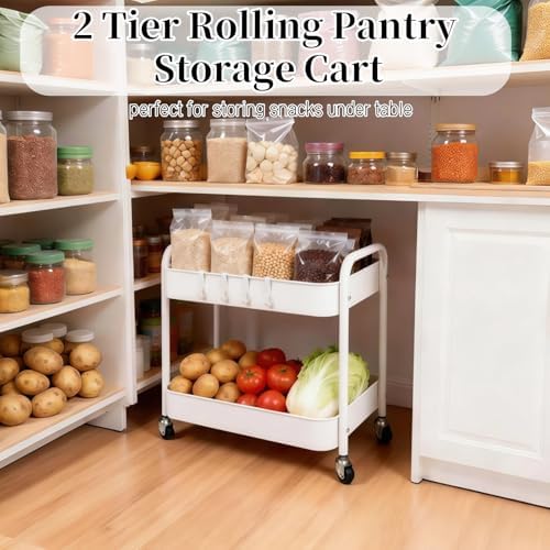 2 Tier Short Rolling Cart with Wheels for Under Desk Storage & Pantry Storage, Large Capacity Metal Kitchen Utility Cart for Small Space, Laundry Room Organizer Side Table with 4 Hooks, White - Image 2