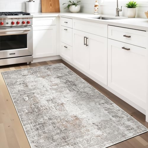 Washable 3x5 Entryway Rug - Non-Slip Soft Low-Pile Thin Small Area Rugs for Kitchen Bedroom Living Room Hallway – Modern Abstract Neutral Door mat Indoor（Beige Grey） - Image 3