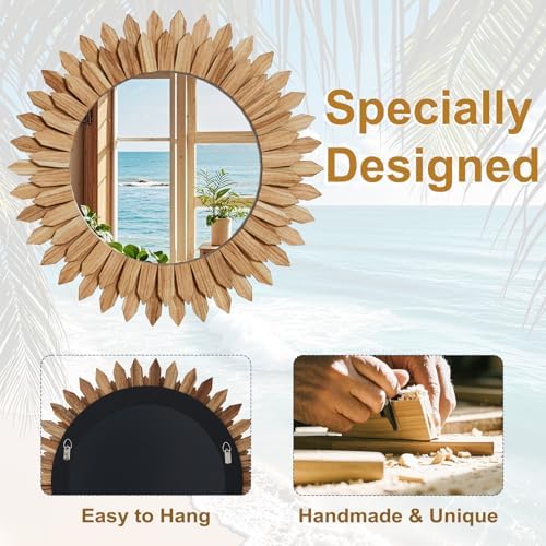 24" Round Sunburst Wooden Mirror Boho Rustic Wall Decor - Image 4