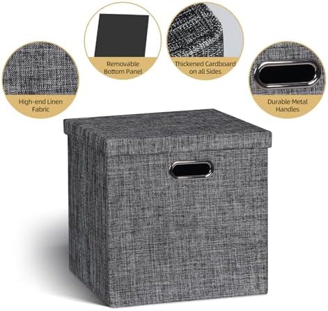 Posprica Storage Bins with Lids,13×13×13 Foldable Storage Cube Baskets Boxes Fabric Drawers for Closet Shelf Cabinet Bookcase,Set of 4,Black - Image 2