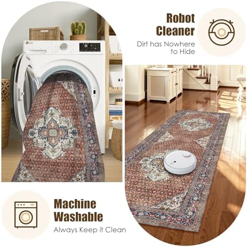 Washable Area Rug 2'6'' x 8' Vintage Traditional Persian Mat - Foldable Distressed Non-Slip Machine Washable Carpet for Living Room Bedroom Kitchen Home Decor - Terracotta and Navy - Image 7