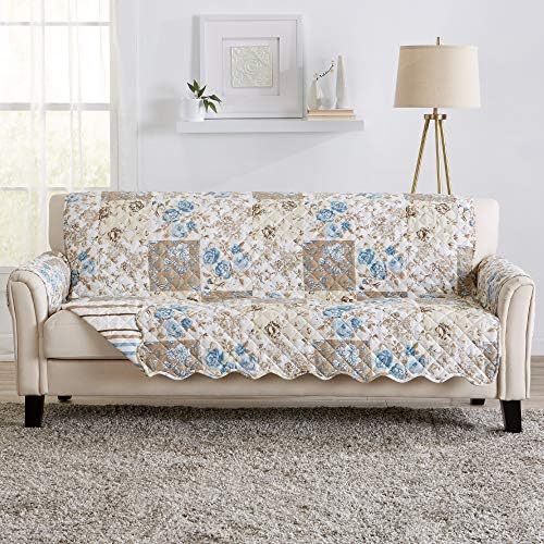 Great Bay Home Reversible Floral Patchwork Sofa Furniture Protector - Machine Washable, Scalloped Edge, Stain Resistant, Printed Furniture Cover for Dogs, Kids, and Pets (Taupe/Blue) by GreatBayHome