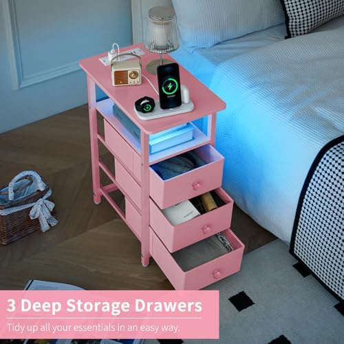 Yoobure End Table with Charging Station, Pink Narrow Nightstand LED Bedside Table, Small Night Stand End Tables Living Room, Skinny Nightstand with 3 Fabric Drawers, Side Table for Small Spaces - Image 6