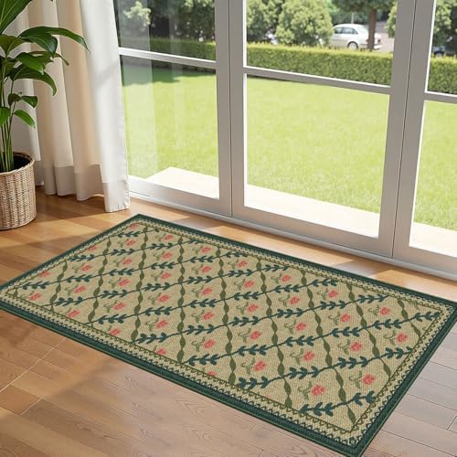 Front Door Mat Indoor Entrance - 2x4.3 Khaki Floral Trellis Rug by Othilic