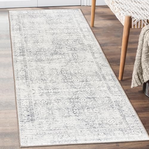 ReaLife Rugs Machine Washable Area Rug Runner - Living Room Bedroom Bathroom Kitchen Entryway Office - Padded Low Pile Stain Resistant Premium - Boho Farmhouse Vintage - Noor - Silver Ivory 2'6" x 6' by ReaLifeRugs