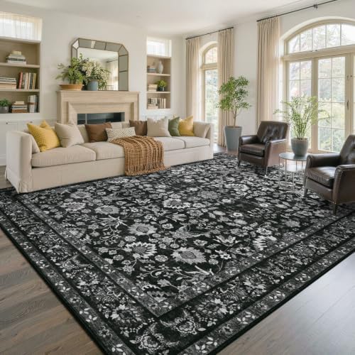 8x10 Ft Large Area Rugs for Living Room, Soft Non-Slip Machine Washable Rug, Vintage Stain Resistant Carpets for Bedroom Nursery Dining Room Home Decor (Black) by Lo%CC%80utiRootHome